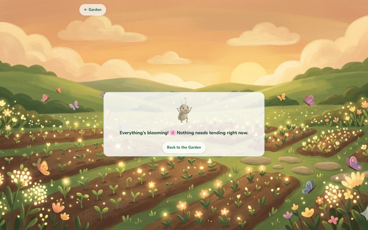 The Sound Garden in the Lillory app, in full bloom: a watercolour meadow of earned flowers with Chip the cricket celebrating
