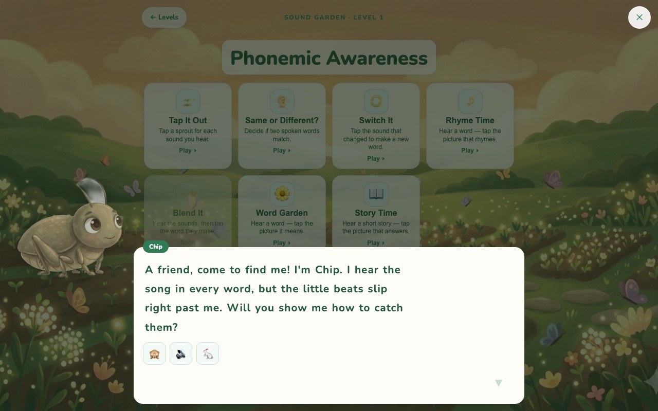 A Lillory reading game presented as a calm garden, so practice feels like play