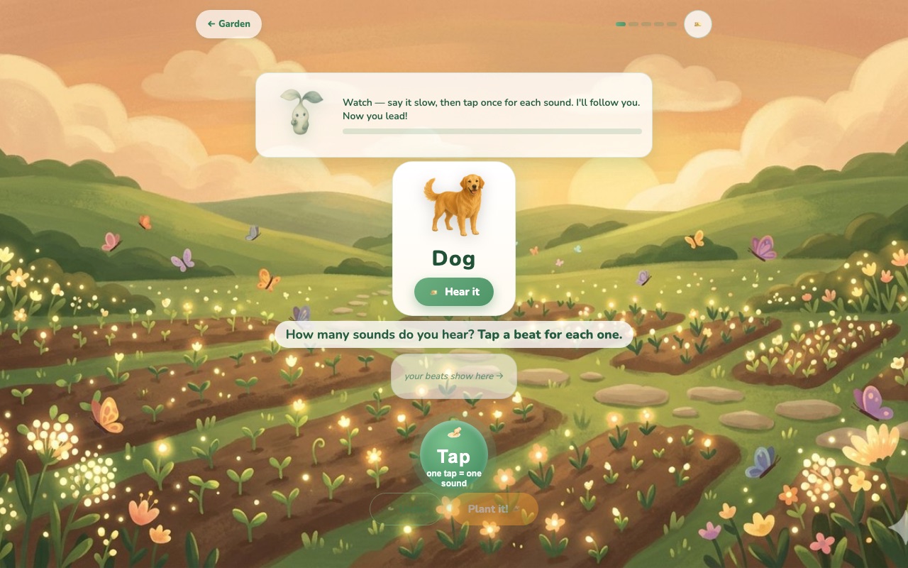 A Lillory game where a child taps once for each sound in a word, then builds it letter by letter