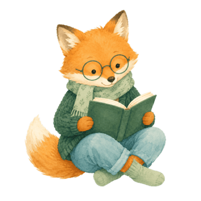 A fox reading a book, painted in watercolour