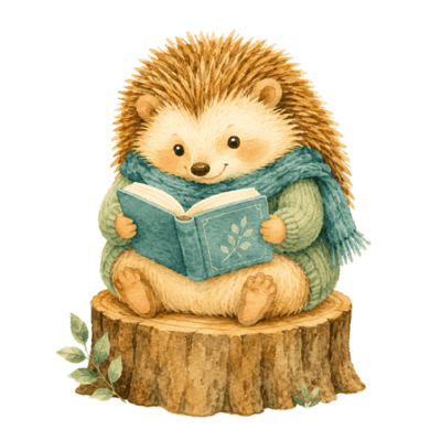 A hedgehog reading a book, painted in watercolour