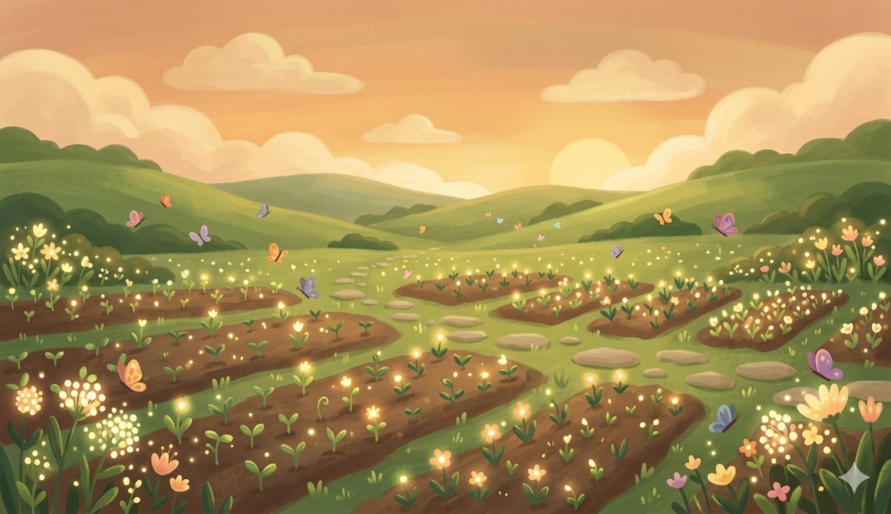 The Sound Garden world art: glowing flower beds under a warm evening sky