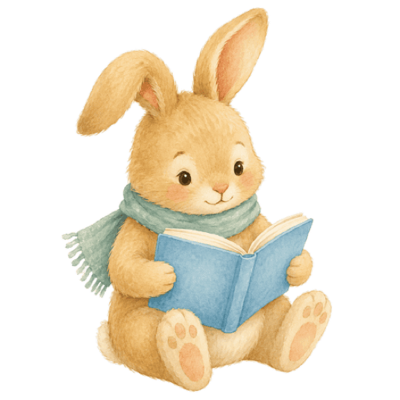 A rabbit reading a book, painted in watercolour