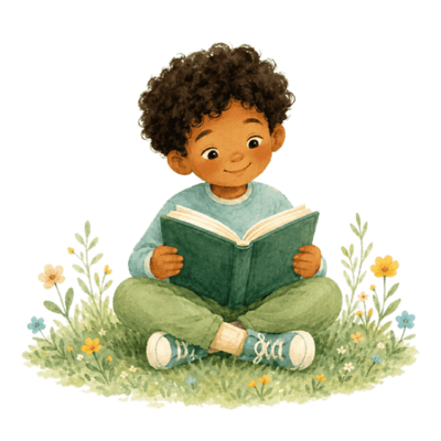 A child reading a storybook, painted in watercolor
