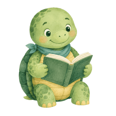 A turtle reading a book, painted in watercolour